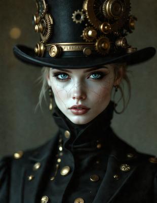 The primary subject of the image is a woman wearing a top hat and a black outfit. She is posing for the camera, and her outfit appears to be a mix of steampunk and Victorian styles. The setting is a room with a backdrop of a wall, and the visual style is a combination of photo and digital art. The colors in the image are predominantly black and gold, giving the scene a dramatic and elegant atmosphere.